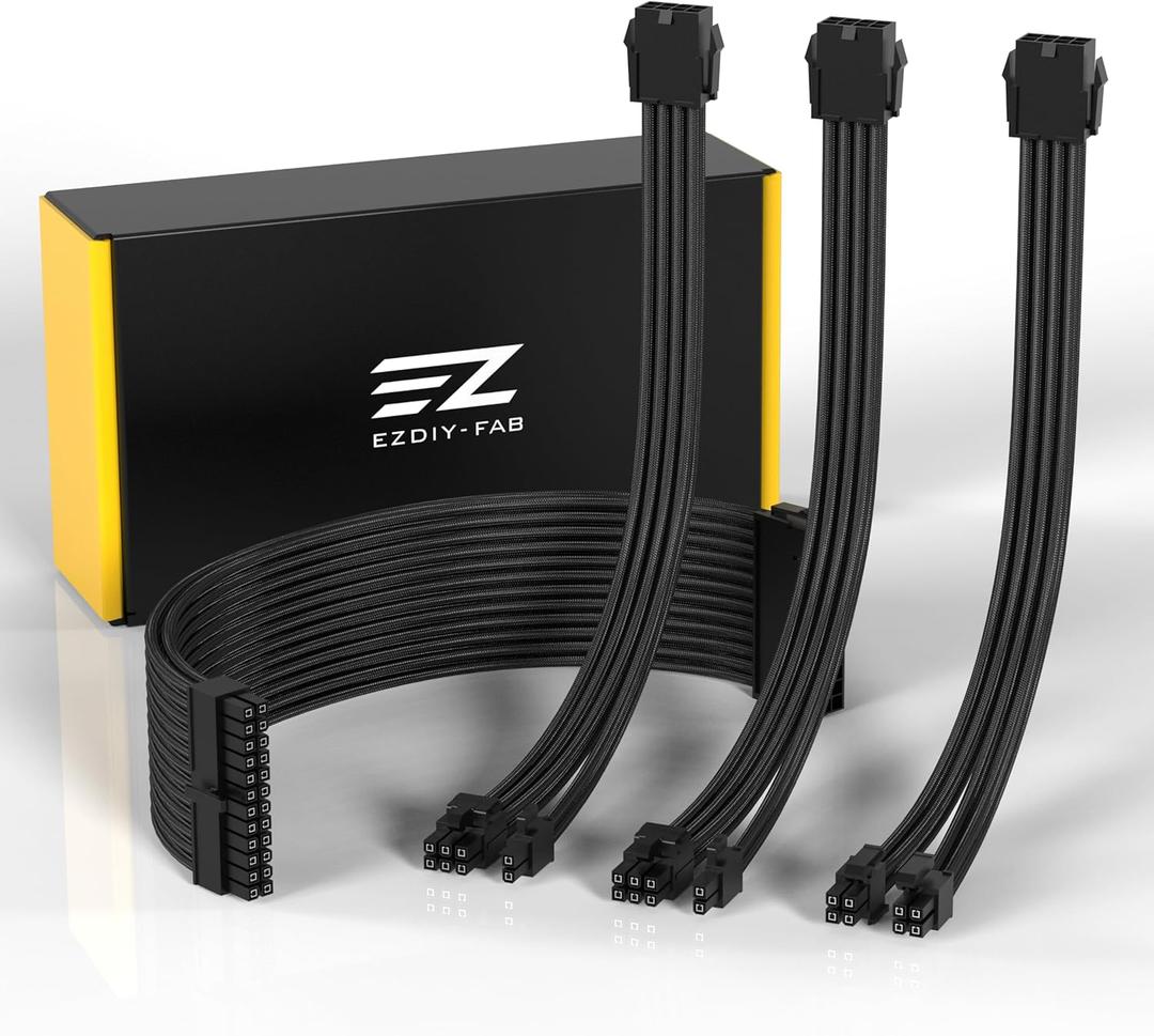 EZDIY-FAB PSU Cable Extension Sleeved Custom Mod GPU PC Power Supply Soft Nylon Braided with Comb Kit 24PIN/8PIN to 6+2Pin/ 8PIN to 4+4PIN-30CM 300MM - Black
