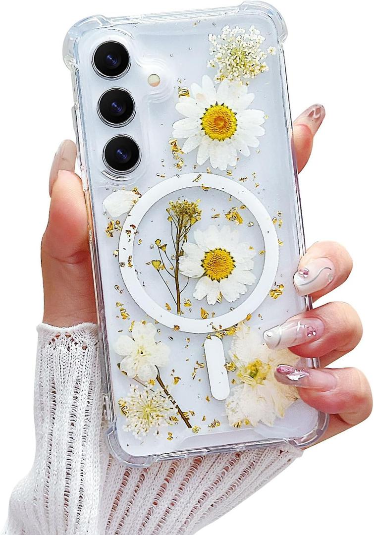Compatible with Samsung Galaxy S23 Plus Case,Compatible with MagSafe,Cute Pressed Dried Flowers Design Women Girly Shockproof Floral Clear Magnetic Case for Galaxy S23 Plus (White)
