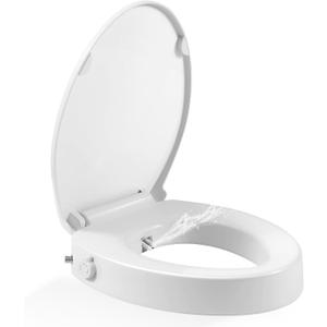 Raised Toilet Seat with Bidet, Fit Elongated Bidet Toilet Seat, Non-Electric Elevated Toilet Seat (Ambient Water), Adjustable Water Pressure Raised Toilet Seat for Seniors, White