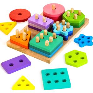 Wooden Sorting & Stacking Toys, Montessori Toys for 1 2 3 Years Old Toddlers, Shape Sorter Puzzles with 24-Piece Large Geometric Blocks & 12 Word Cards, Gift for 12+ Months Baby Boys Girls (Rainbow)