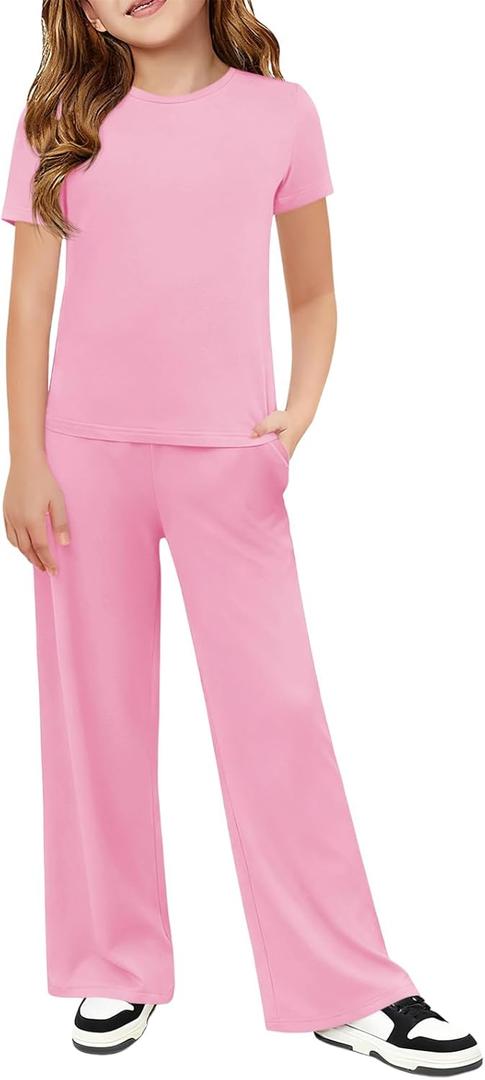 Haloumoning Girls 2 Piece Outfits Kids Short Sleeve Crewneck T-Shirts and Elastic Waist Drawstring Pants Clothing Sets (8-10 Years, Pink)