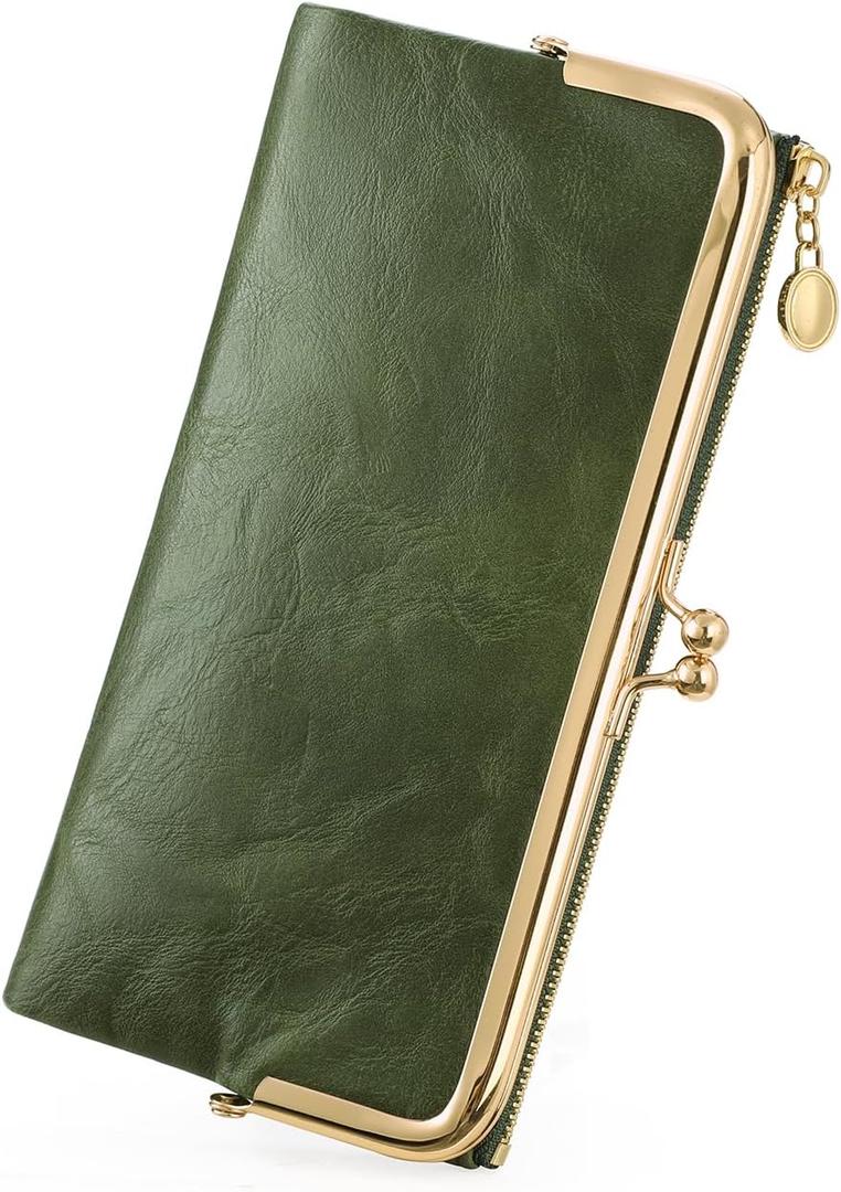GOIACII Womens Wallet Ladies Vintage Billfold Compact Card Holder Long Zip Clutch Purse with Kiss Lock Green