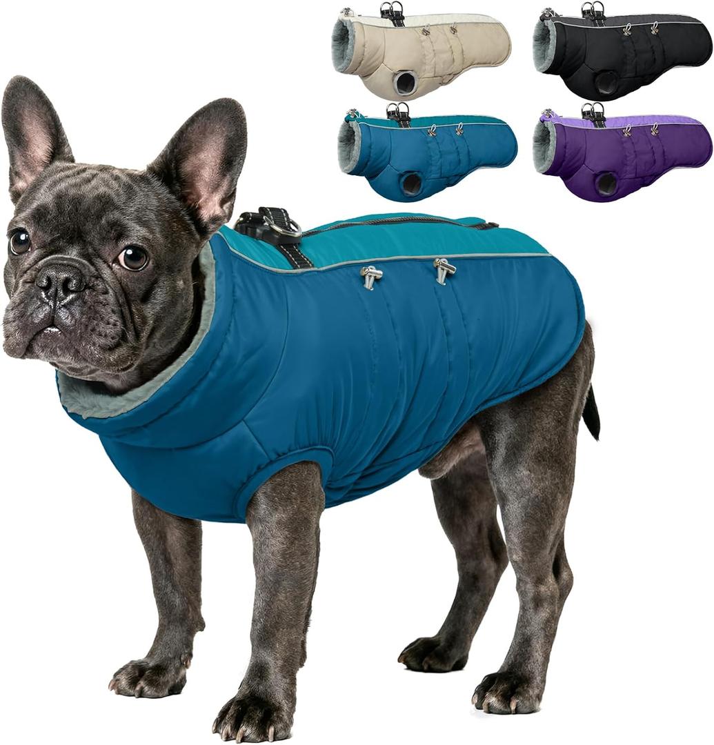 IDOMIK Warm Dog Coat with Harness, Waterproof Reflective Dog Jackets for Small Medium Large Dogs, Fleece High Collar Winter Jacket with Zipper, Pet Winter Snowsuit Clothes for Cold Weather, Blue L (L(Neck Girth:17.7"))