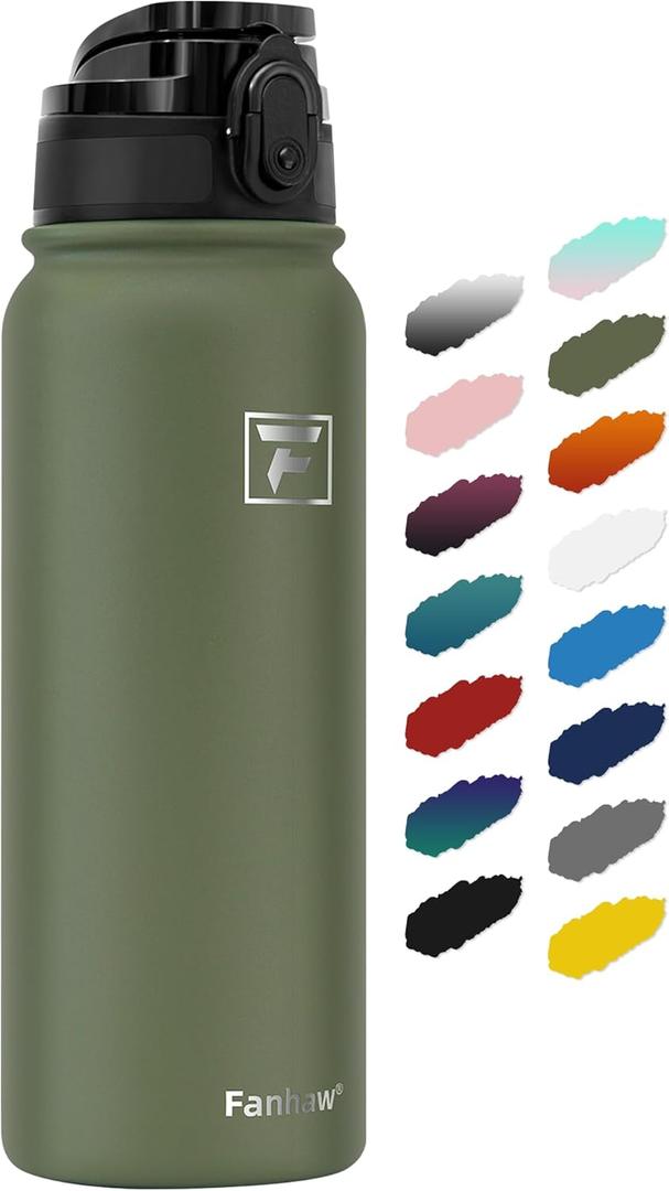 Fanhaw 20 Oz Insulated Stainless Steel Vacuum Water Bottle with Anti-Dust Pop-Open Lid - For Kids, Women, Men | Leak & Sweat Proof (Olive Green)