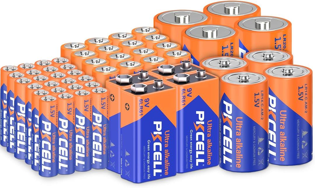 PKCELL 52 Counts Alkaline Battery Variety Pack, 16 AA, 24 AAA, 4 C, 4 D,4 9 Volt Batteries, Assorted Batteries Set
