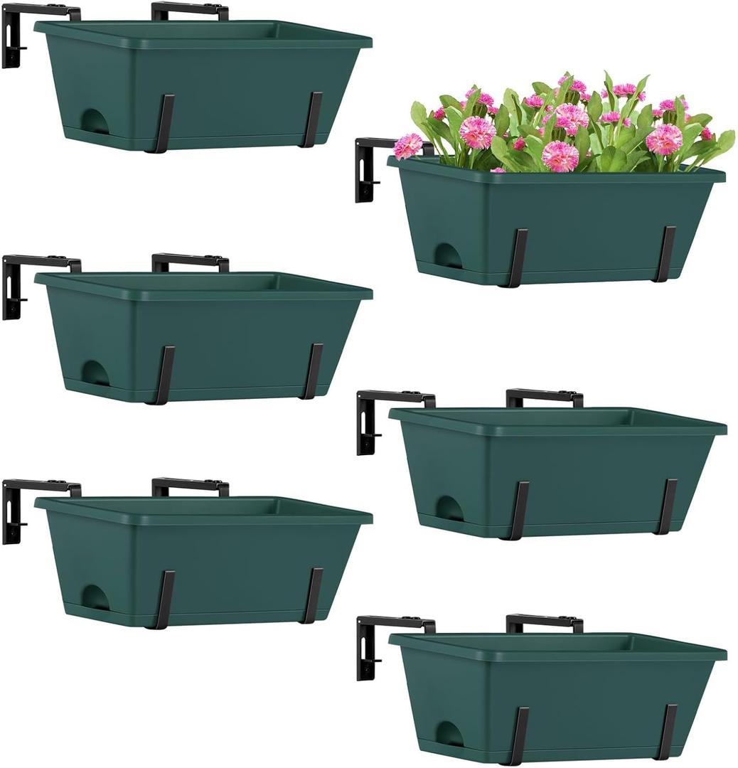 ETELI 6 Pack Deck Railing Planter Boxes with Adjustable Metal Hanging Brackets, Indoor Outdoor Hanging Window Boxes Planters with Drainage Tray for Patio, Lawn, Green & Black