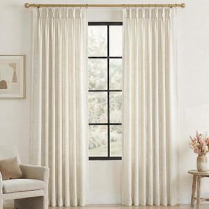 Pinch Pleated Curtains 90 Inches Long 2 Panel for Living Room Memory Trained Cream Ivory Natural Medium Weight Polished Look Light Filtering with Hooks & Rings Farmhouse Curtain for Bedroom, Ivory
