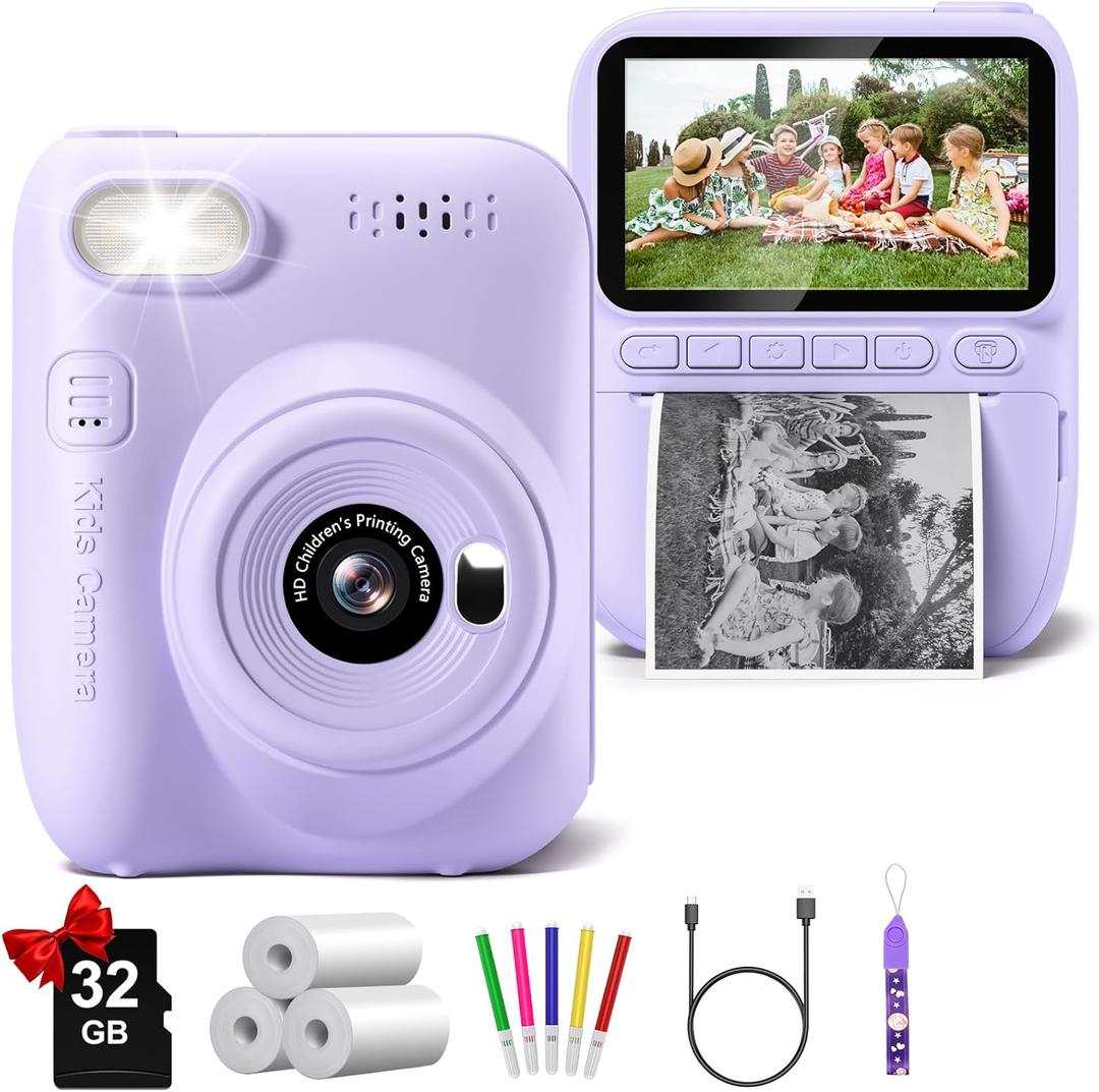 Kids Camera Instant Print, 3.0" HD 32MP Kids Camera Christmas Birthday Gifts for 3 4 5 6 7 8 9 10 11 12 Year Old Girls Boys, 32GB SD Card-Purple