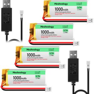 Meshnology 4PCS 3.7V 1000mAh Li Battery with USB Charger Cable 102050 1S LiPo Battery with Protection Board Insulated Rubber Tape and Micro JST 2.0 Plug for Electronic Device