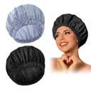 Reusable Shower Cap for Women, Large Waterproof Shower Bonnet Washable Elastic Band Bath Accessories Hair Hat for Long Hair, Braids (Black & Gray)