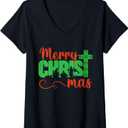 Womens Merry Christ Mas Christian Christmas Jesus Christmas Family V-Neck T-Shirt
, L