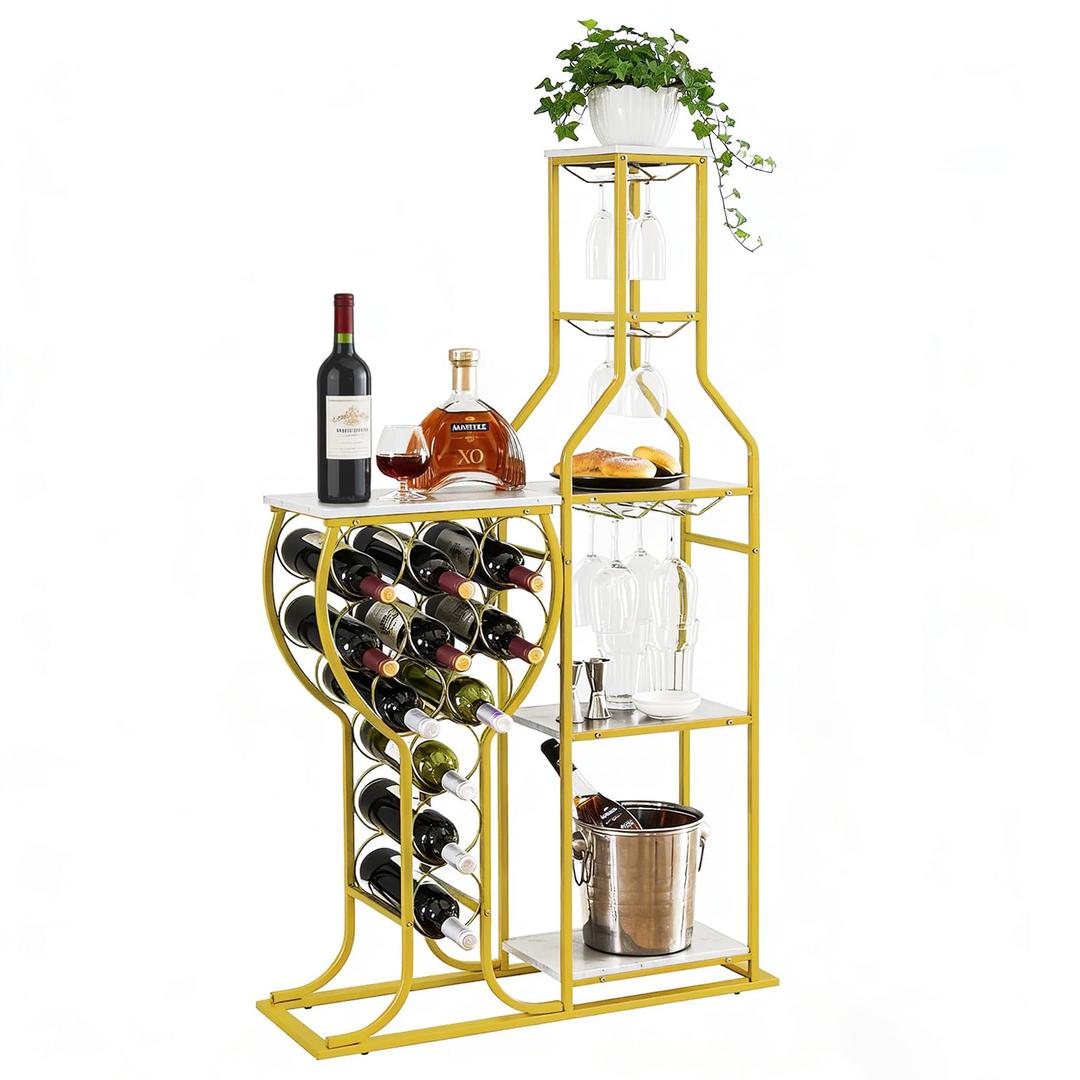 5-Tier Wine Rack Freestanding Floor, 11 Bottles Modern Wooden Wine Holder-Storage Cabinet for Home Bar, Kitchen, Dining Room Space Saving Bar Stand with Easy Assembly (Gold/White)