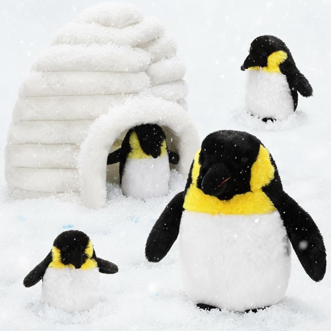 5 Pcs Penguin Stuffed Animal and Igloo Set 10 Inch Mommy Penguin and 3 Cute Plush Babies with 10.6 Inch Igloo Wrapping Soft Cute Animal Plushie for Birthday Party Decor Cuddle Social Gifts