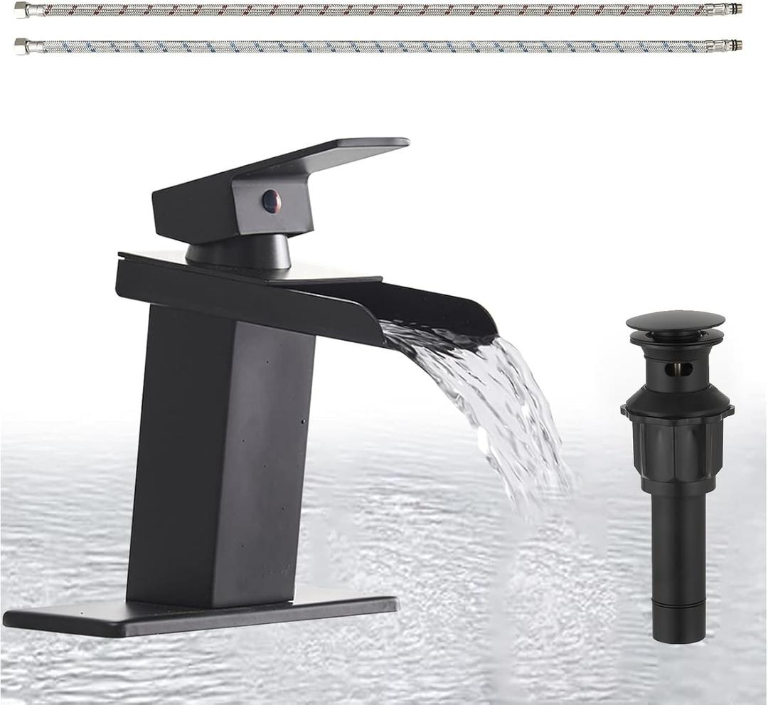 Homevacious Black Bathroom Faucet Waterfall Single Hole Bathroom Faucet with Pop Up Drain Assembly and Deck Plate Modern Single Handle Vanity Faucets Basin Lavatory RV Mixer Tap Commercial