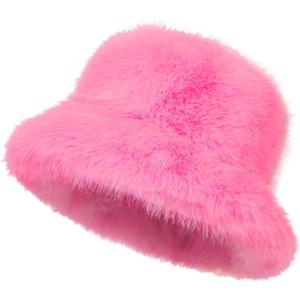 LA CARRIE Women's Fuzzy Wide Brim Faux Fur Bucket Hat Winter Warmer Fisherman Cap (Light Pink)