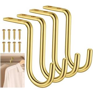 Gisafai 4 Pcs Heavy Duty Metal Wall Mount Closet Rod Center Support Bracket - 1 Inch Clothes Storage Hanger for Shelf (Satin Brass)