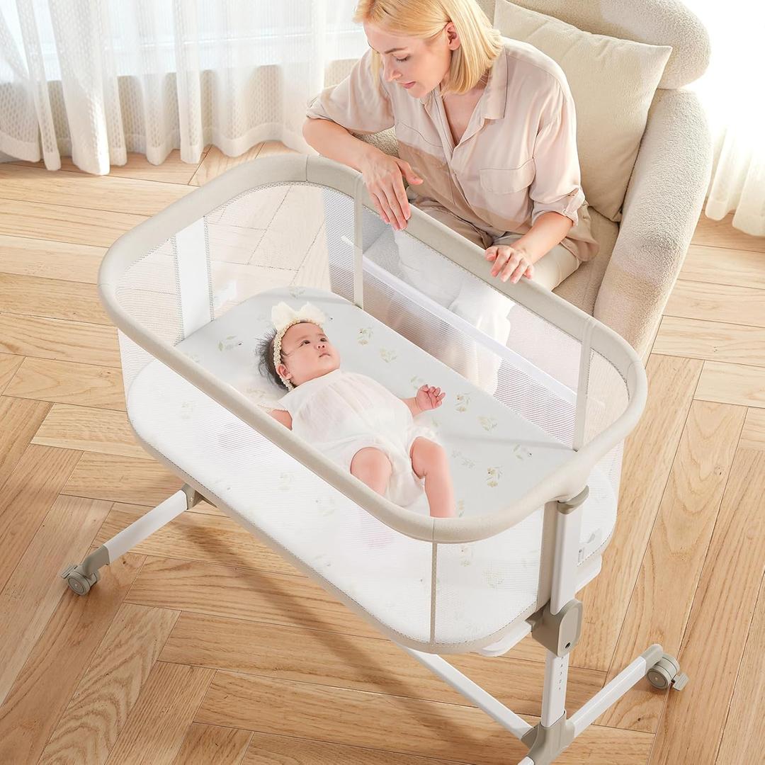 Fodoss Baby Bassinets Bedside Sleeper - All Mesh Bedside Bassinet with Wheels, 7 Height Adjustable Baby Bassinet for Infants, Beige, Crib