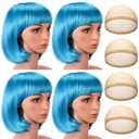 4 Pack Short Bob Blue Hair Wigs 12" Straight with Flat Bangs Cosplay Mardi Gras Party Wigs with Cap for Women