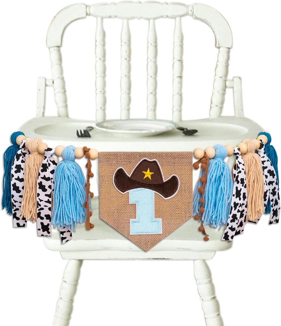 Cowboy High Chair Banner - Rodeo 1st Birthday Tassel Highchair Banner, Western Farm Themed Photo Prop Smash Cake For Boys (Blue)
