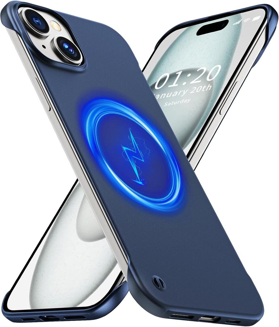 Magnetic Ultra Thin Frosted Designed for iPhone 15 Plus Frameless Case 6.7 inch Slim [Compatible with MagSafe] Minimalist Lightweight Matte Hard Cover Protective Borderless Case-Navy Blue