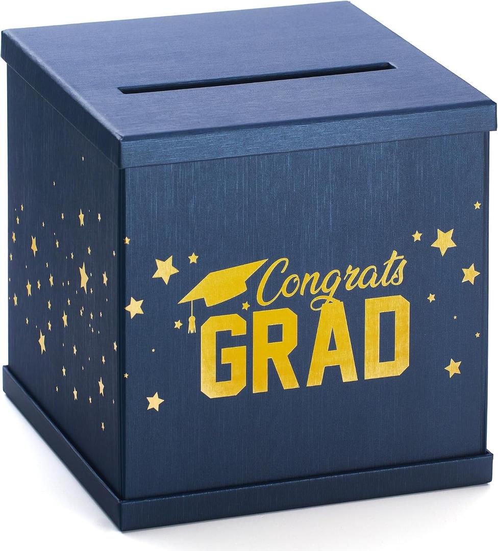 Blue & Gold Graduation Card Box, Large 10x10 Navy Blue Congrats Grad Gift Card Box Holder, Grad Party Favors, Envelope Money Basket, College Graduation Decorations 2026, Party Decor, Table Centerpiece