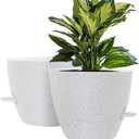 WOUSIWER 10 inch Self Watering Planters, 2 Pack Large Plastic Plant Pots with Deep Reservior and High Drainage Holes for Indoor Outdoor Plants and Flowers, Speckled White