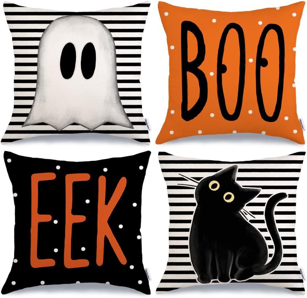 GEEORY Halloween Pillow Covers 20 x 20 Inch Set of 4, Striped Polka Dot Spooky Ghost Black Cat Boo Eek Decorative Throw Pillowcases Indoor Holiday Decoration for Home Party Sofa Couch G0116-20 (Multicolor)