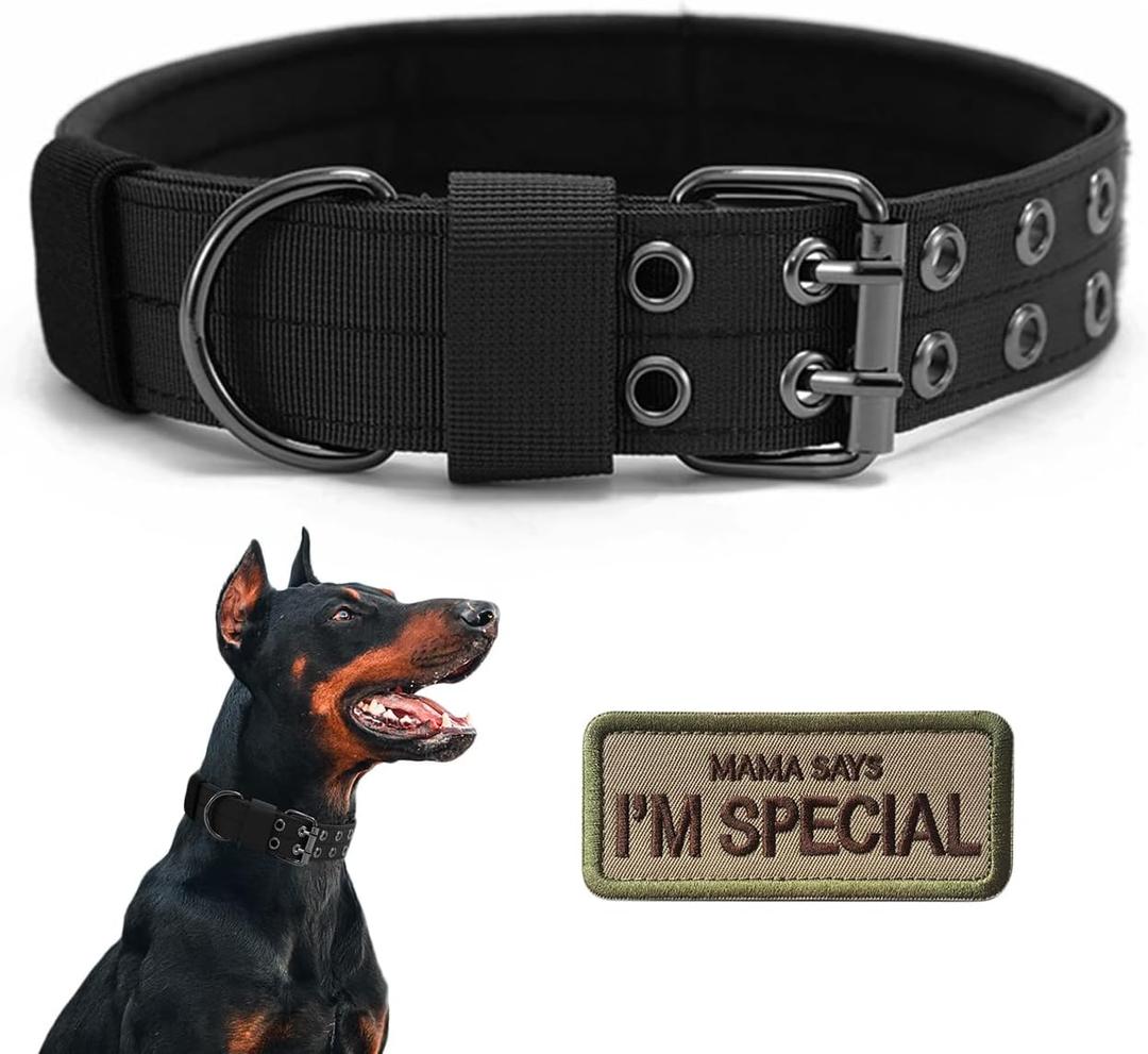 Tactical Dog Collar Military Adjustable Dog Collars Soft Nylon Training Collar with Patch Heavy Duty Metal Buckle Collars for Medium Large Dogs (Black, L)