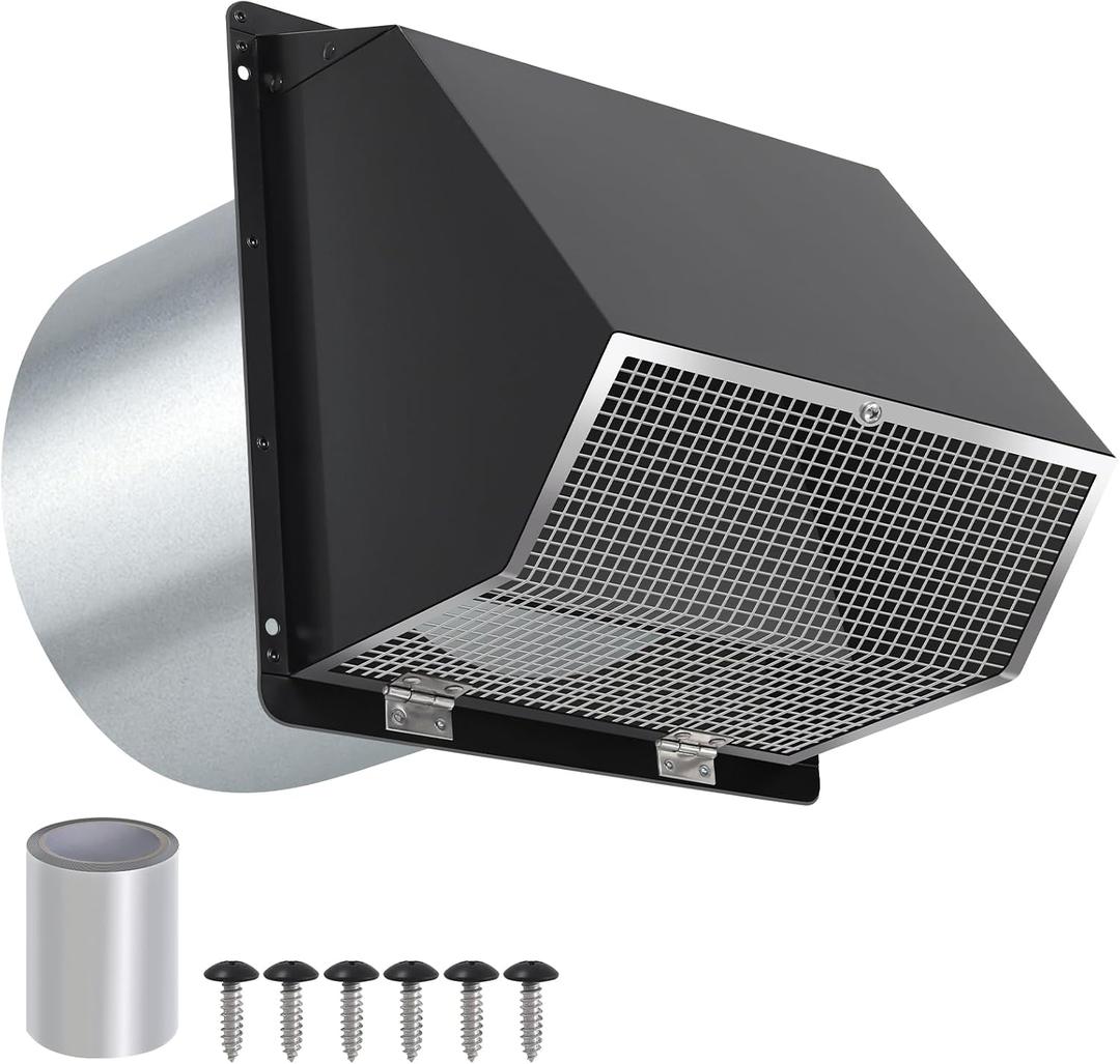 10 Inch Hooded Wall Vent with Screen and Damper,Outdoor Wall Exhaust Vent Cover Cap for Kitchen Range Hood HVAC Duct Dryer Ventilation&Outside Exterior Mount,Galvanized Steel,Black