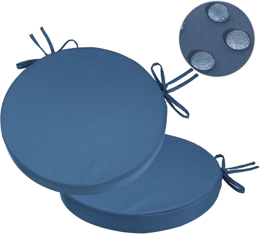 GUEGLSA Indoor Outdoor Round Chair Cushions 15 inch, Waterproof Bistro Seat Cushion with Ties Non Slip Circle Stool Chair Pads Set of 2Blue