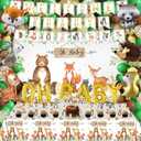 98 Pcs Woodland Animals Baby Shower Decorations Forest Animal Gender Reveal Party Supplies Woodland Themed Birthday Party Decorations Backdrop, Tablecloth, Cake Toppers, Balloons