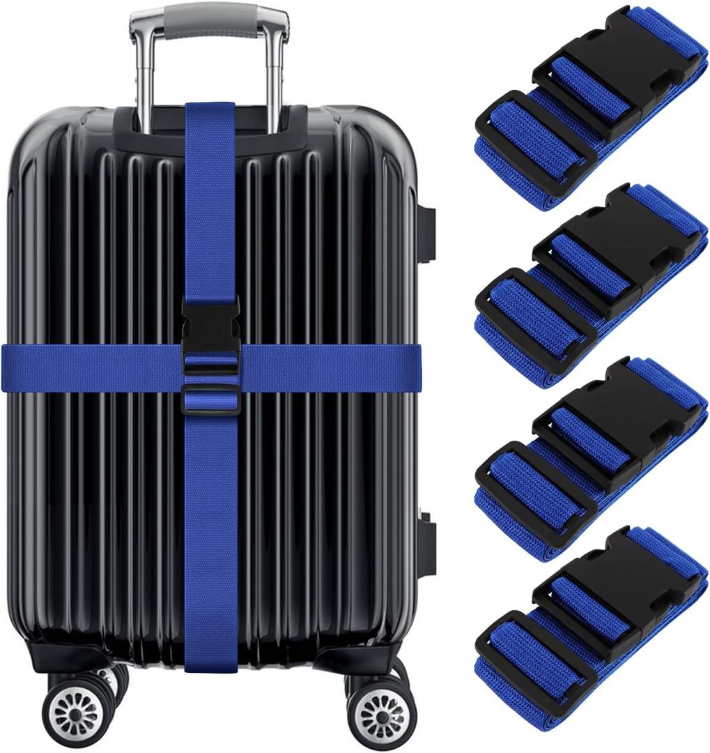 4-Pack Luggage Straps, Adjustable Wide Travel Belt to Keep Your Suitcase Secure, Heavy Duty Luggage Belt for Suitcase, Blue