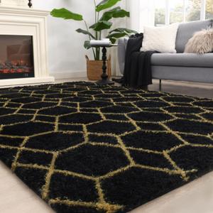 Fluffy Rug for Bedroom Living Room, Soft 4x6 Black Area Rug, Machine Washable Shag Geometric Fuzzy Kids Non Slip Carpet Home Decor Aesthetic, Plush Floor Mat for Nursery Teen Dorm, Black/Gold