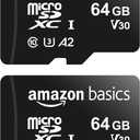 Amazon Basics MicroSDXC UHS-I Class 10 Memory Card with Full Size Adapter, A2, U3, V30, 4K, Read Speed up to 100 MB/s, 64 GB (2pack), for GoPro Cameras Storage, Black
