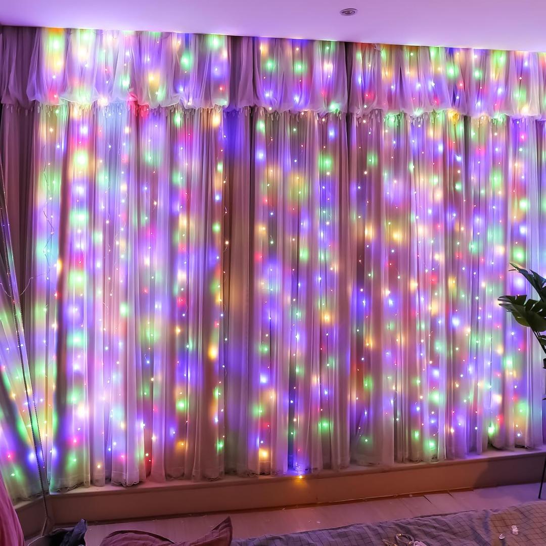 HXWEIYE 300LED Fairy Curtain Lights, 9.8x9.8Ft USB Plug-in 8 Modes Christmas String Hanging Lights with Remote for Bedroom Backdrop Wedding Indoor Wall Decor, Multicolor, Standard 1 Pack