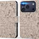 DEENAKIN for iPhone 17 Pro Wallet Case with Card Holder + Cash Clip, RFID-Blocking, Military-Grade Drop Protection, Magnetic Closure with Leather Kickstand - Serene Foliage