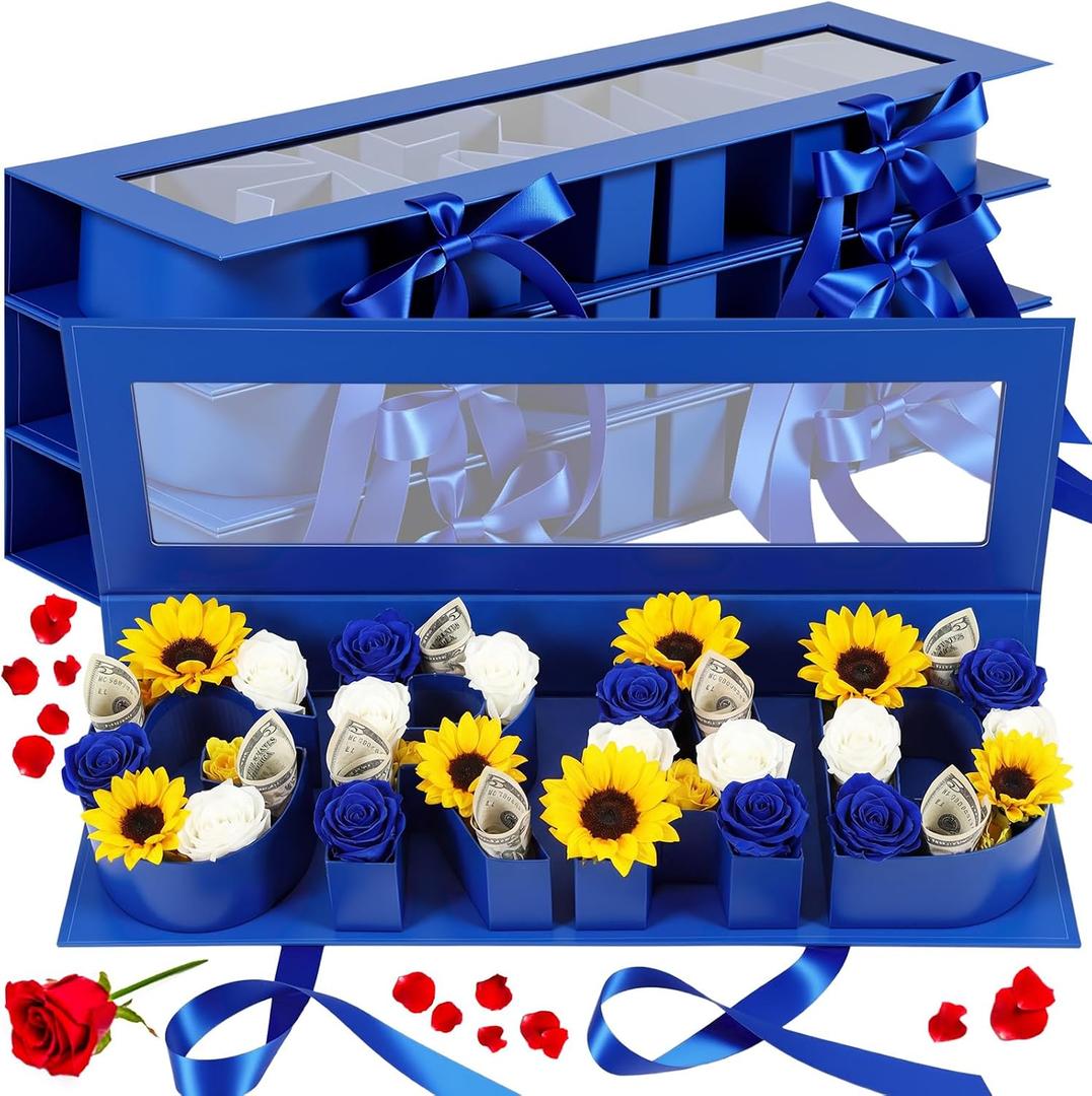 Weekgrat 4 Pack Graduation Flower Gift Box, 18.11 x 5.51 x 2.05 Inches Fillable Floral Present Boxes with Grad Letters 2026, Empty Flower Bag for Graduation Party Favors (Blue)