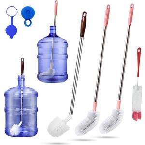 Bottle Brush, 3 Pack Long Handled Bucket Brushes with 1 Smaller Bendable Bottle Brush and 2 Water Jug Caps, Stiff Nylon Bristles, Suitable for Cleaning 1 to 5 Gallon Buckets, Glassware, Mugs