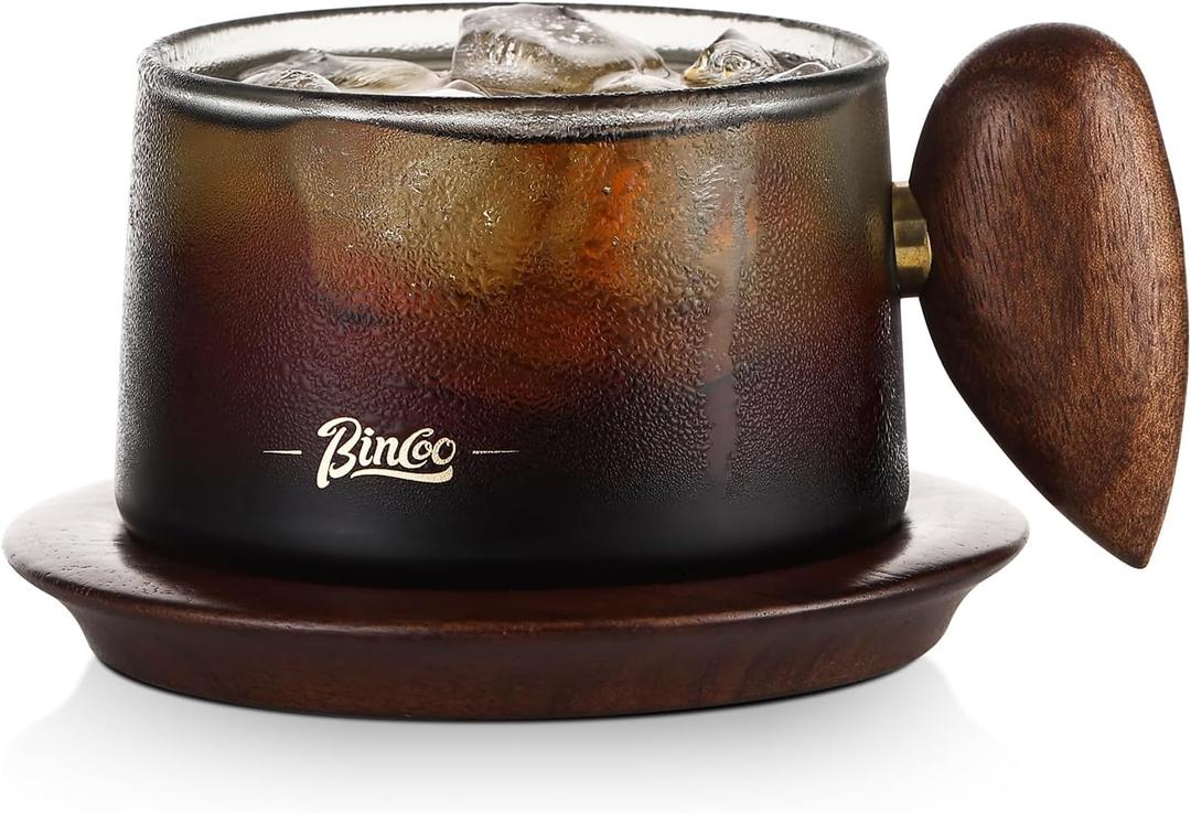 Bincoo Glass Coffee Cups and Saucers Set, 250ML Clear Glass Iced Coffee Mug Espresso Cup Tea Cup with Walnut Handle and Coaster (Gray)