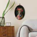 SHQIEUDH Vintage Cheetah Floral Oval Wall Art 8.6x11.4, Maximalist Leopard Framed Canvas Prints Artwork, Green Trendy Retro Animal Oval Wall Hanging Decor for Teen Girls Bedroom Living Room Home