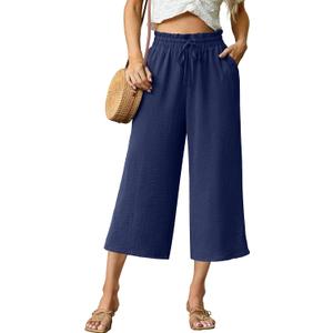 FREEOAK Capri Pants for Women High Waisted Wide Leg Casual Lounge Pant Summer Capris Adjustable Drawstring with Pockets (Large, A - Dark Blue)