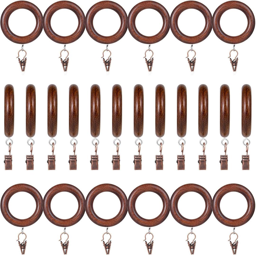 24 Pack Wooden Curtain Rod Rings with Drapery Clips Farmhouse Beech Wood Drapes Rings 1.5 Inch Interior Diameter Rustic for 1.1 Inch Curtain Rod Pole (Retro Brown, Inner Dia 1.5 in)