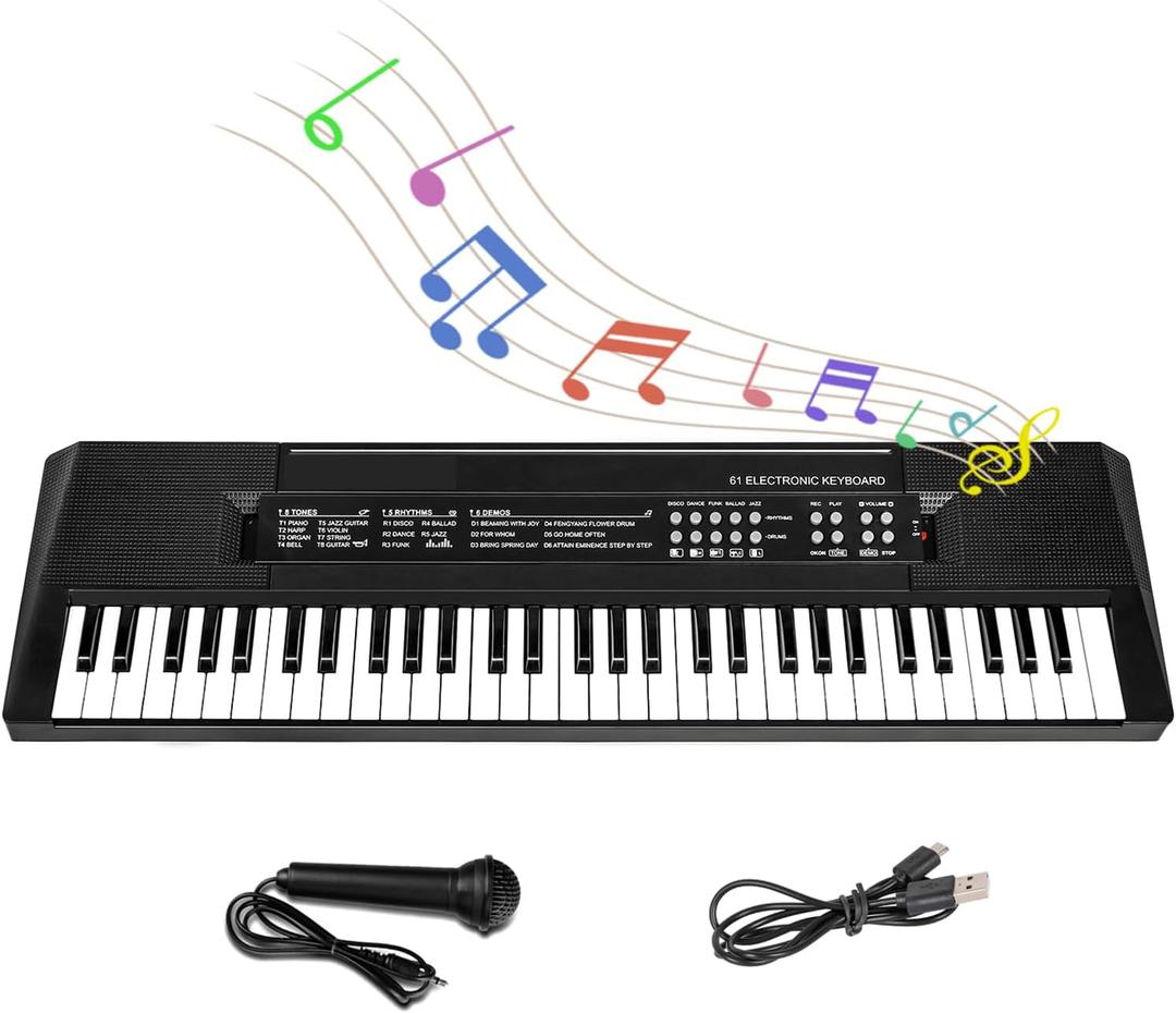 M SANMERSEN Kids Music Keyboard, 61-Key Portable Electronic Piano Toy with Microphone, Teaching Tool for Beginners, Ages 3-12, Black (24.4*6.3*1.8 inch)