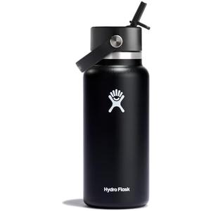 Hydro Flask Water Bottle - Insulated Stainless Steel - Wide Straw Lid, Non Spill, Leakproof in 32 Oz Black