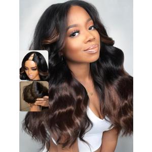 UNICE Chestnut Brown Ombre EasiContour V Part Wig Human Hair Body Wave Upgrade Glueless U Part Human Hair Wig No Leave Out Beginner Friendly Clip in Vpart Wig 150% Density 20 Inch
