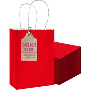 qiqee 50-Packs Red Paper Gift Bags with Handles Bulk 4.5"x2.5"x6" Mini Size Party Favor Bags Multiple Uses