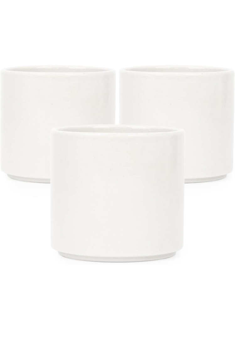 Set of 3 Ceramic Plant Pots, 3" White Modern Cylinder Pot with Drainage Hole for Home Office Decoration