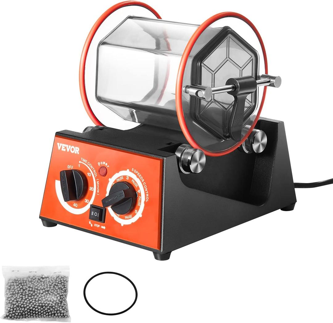 VEVOR Jewelry Polisher Tumbler, 6.6lbs/3kg Capacity Mini Rotary Tumbler Machine with 0-60 Minutes Timer, 5 Speeds Jewelry Rotary Finisher for Surface Polishing Grinding Buffing Gemstones Jewels Coins,6.1 x 9 x 9 in