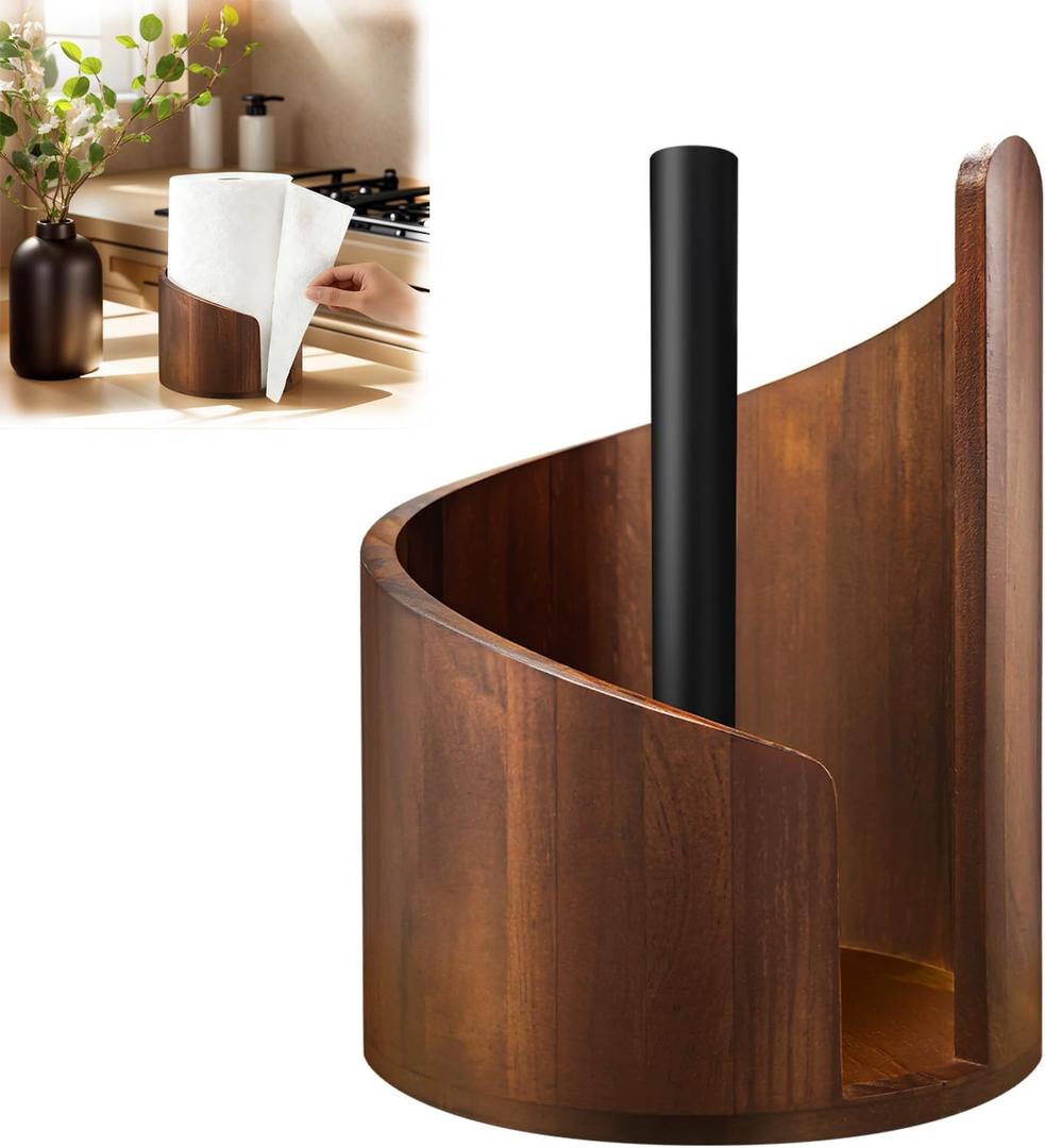 Mountain Paper Towel Holder Countertop with Mango Wood Round Base, Holds Mega Roll, Effortless Tearing, Modern Countertop Wood Paper Towel Holders for Living Room, Kitchen (Brown)