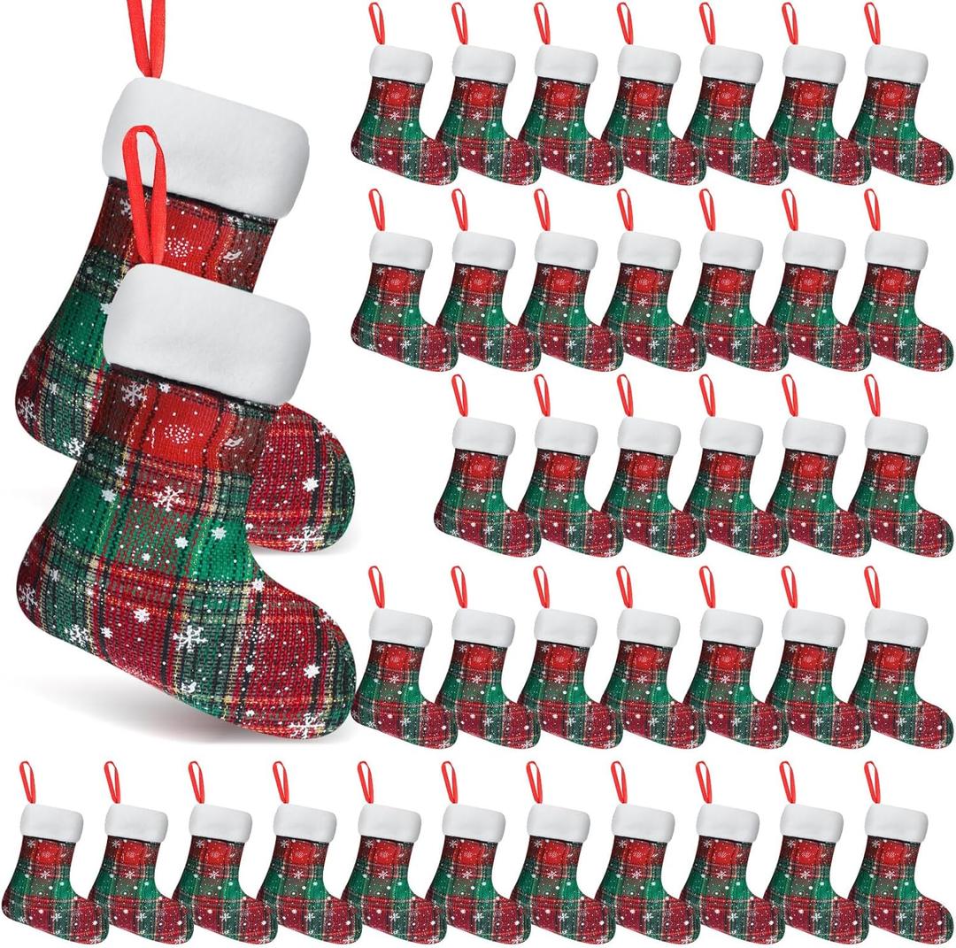 BBTO 48 Pieces Plush Cuff Christmas Mini Stockings 7 Inch Buffalo Plaid Hanging Stockings Xmas Candy Holder Tableware Holders (Snowflake)